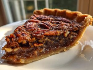 Close-up of a gooey slice of pecan pie showing the rich filling and whole pecans on top.