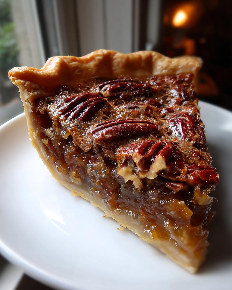 A close-up of a gooey slice of pecan pie on a white plate, showing the rich filling and whole pecans.