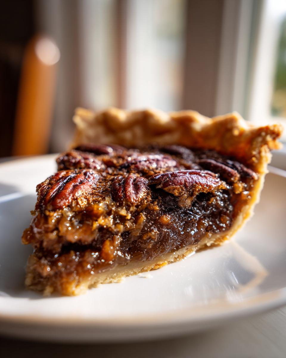 Close-up of a gooey slice of pecan pie showing the rich filling and whole pecans on top.