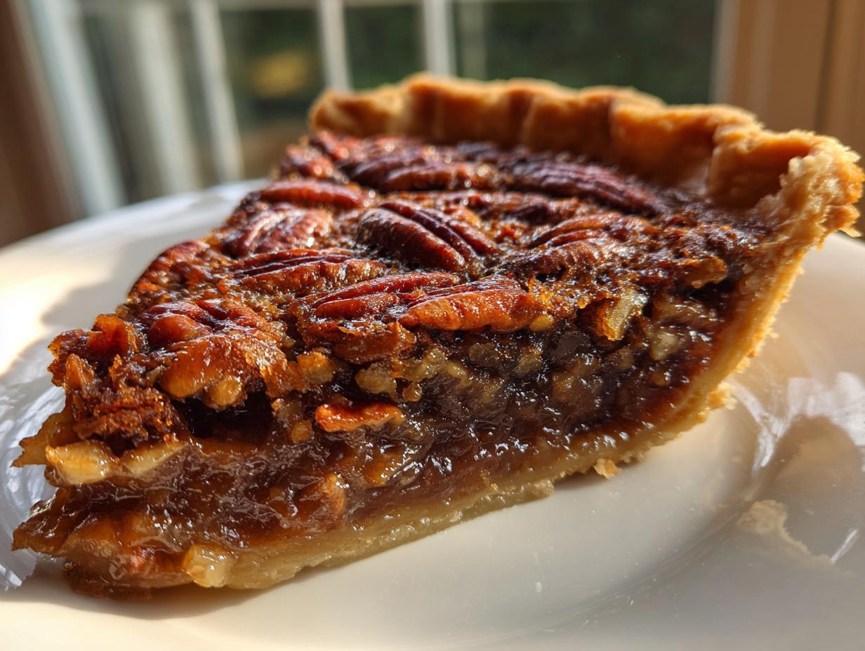 Close-up of a gooey slice of pecan pie showing the rich filling and whole pecans on top.