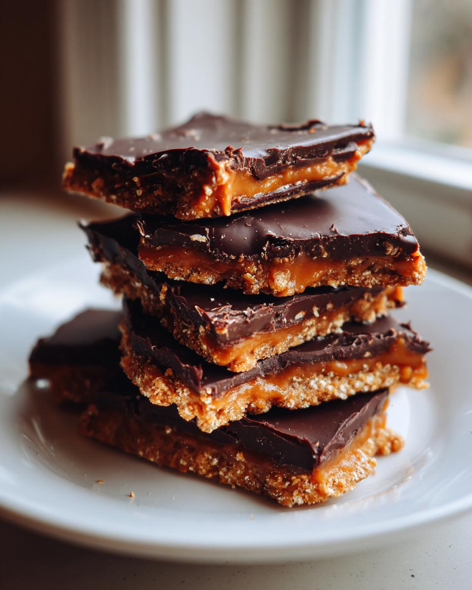 A stack of four rich graham cracker toffee bars featuring a crumbly base, gooey caramel layer, and dark chocolate top.
