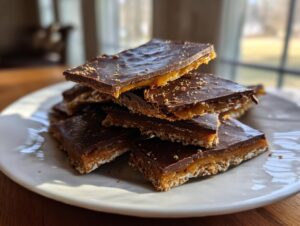 A stack of rich graham cracker toffee squares with a thick chocolate topping and gooey caramel layer.