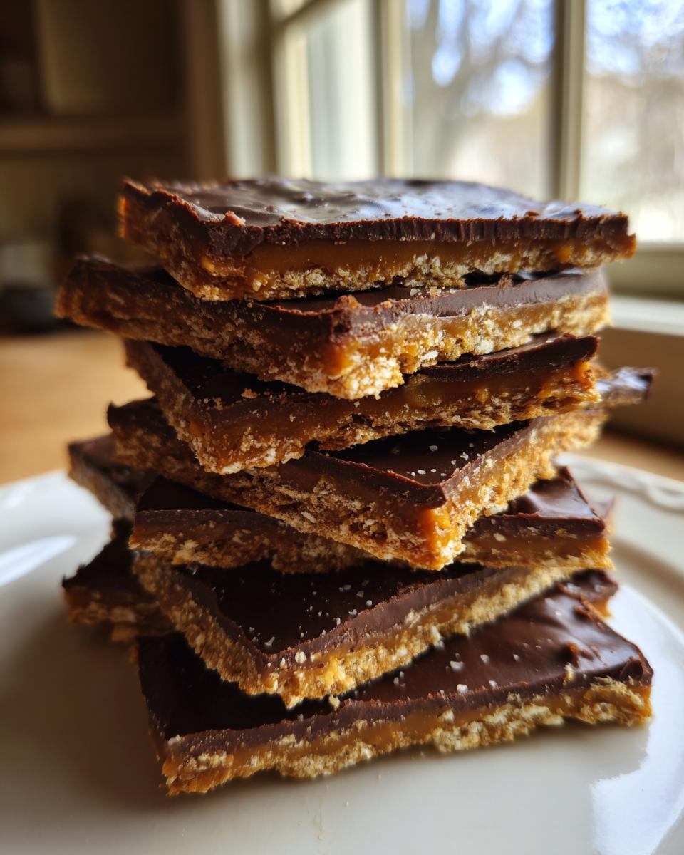 A stack of rich graham cracker toffee squares featuring a crispy base, caramel layer, and chocolate topping sprinkled with sea salt.