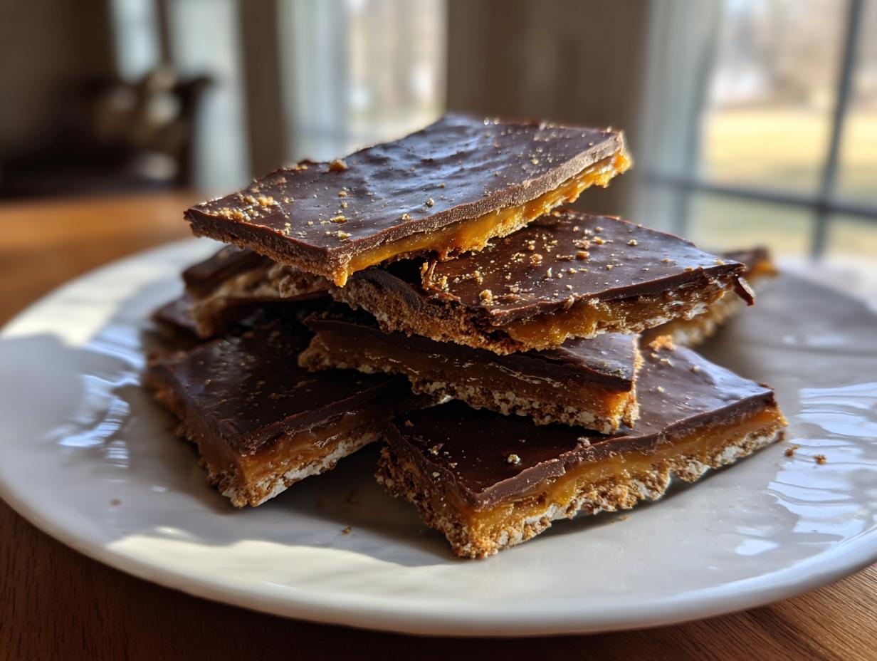 A stack of rich graham cracker toffee squares with a thick chocolate topping and gooey caramel layer.