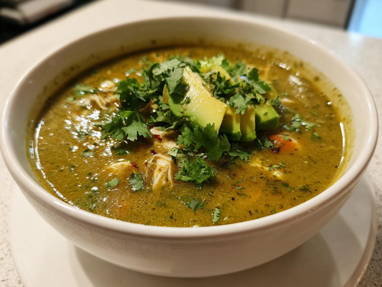 A close-up of a bowl of rich green chicken poblano soup topped with fresh avocado slices and cilantro.