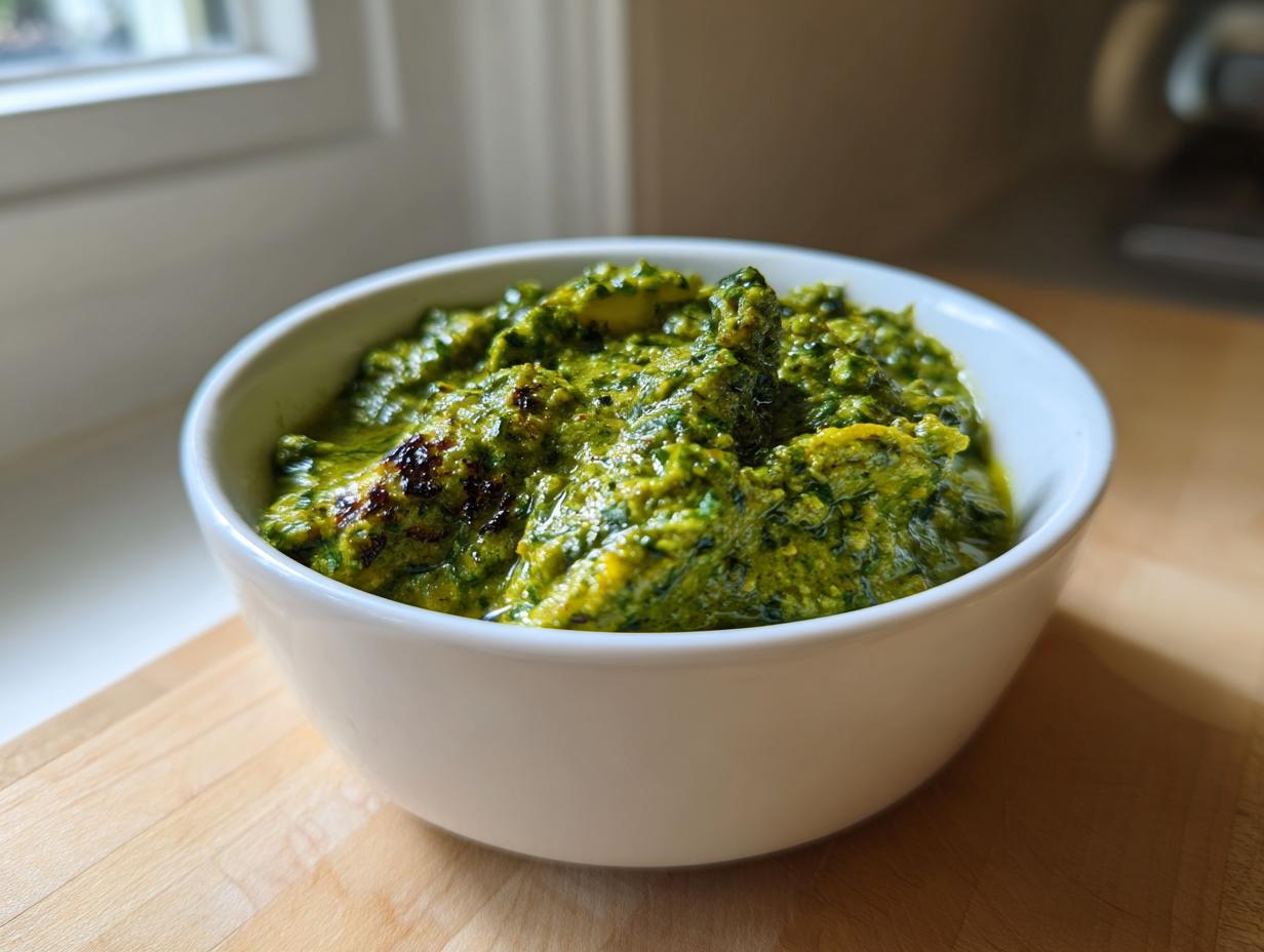 A close-up of thick, bright green tomato salsa served in a white bowl on a wooden surface.
