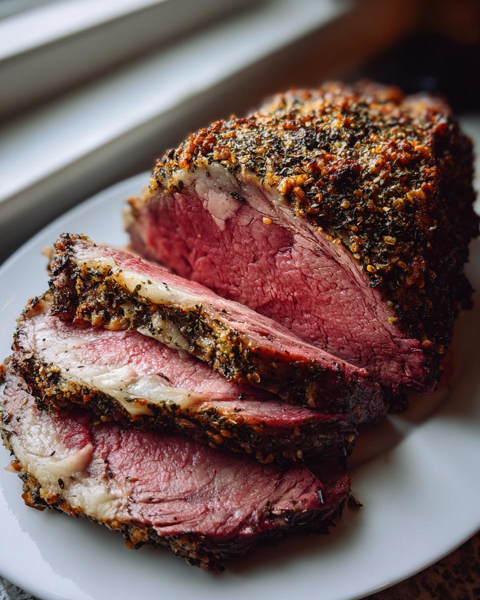 Close-up of perfectly cooked, medium-rare prime rib roast, sliced and showing a dark herb crust.
