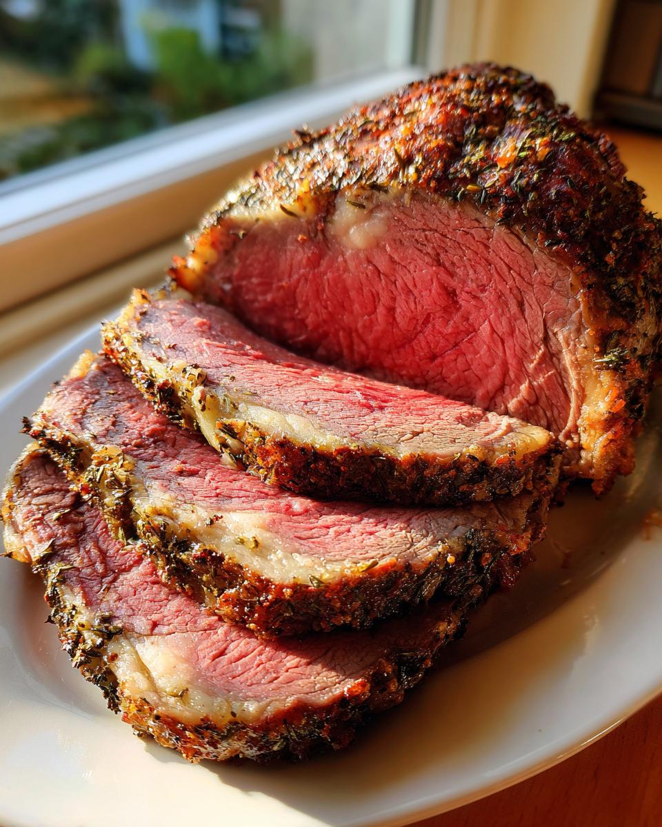 Close-up of a perfectly cooked prime rib roast, sliced to show medium-rare interior and herb crust.