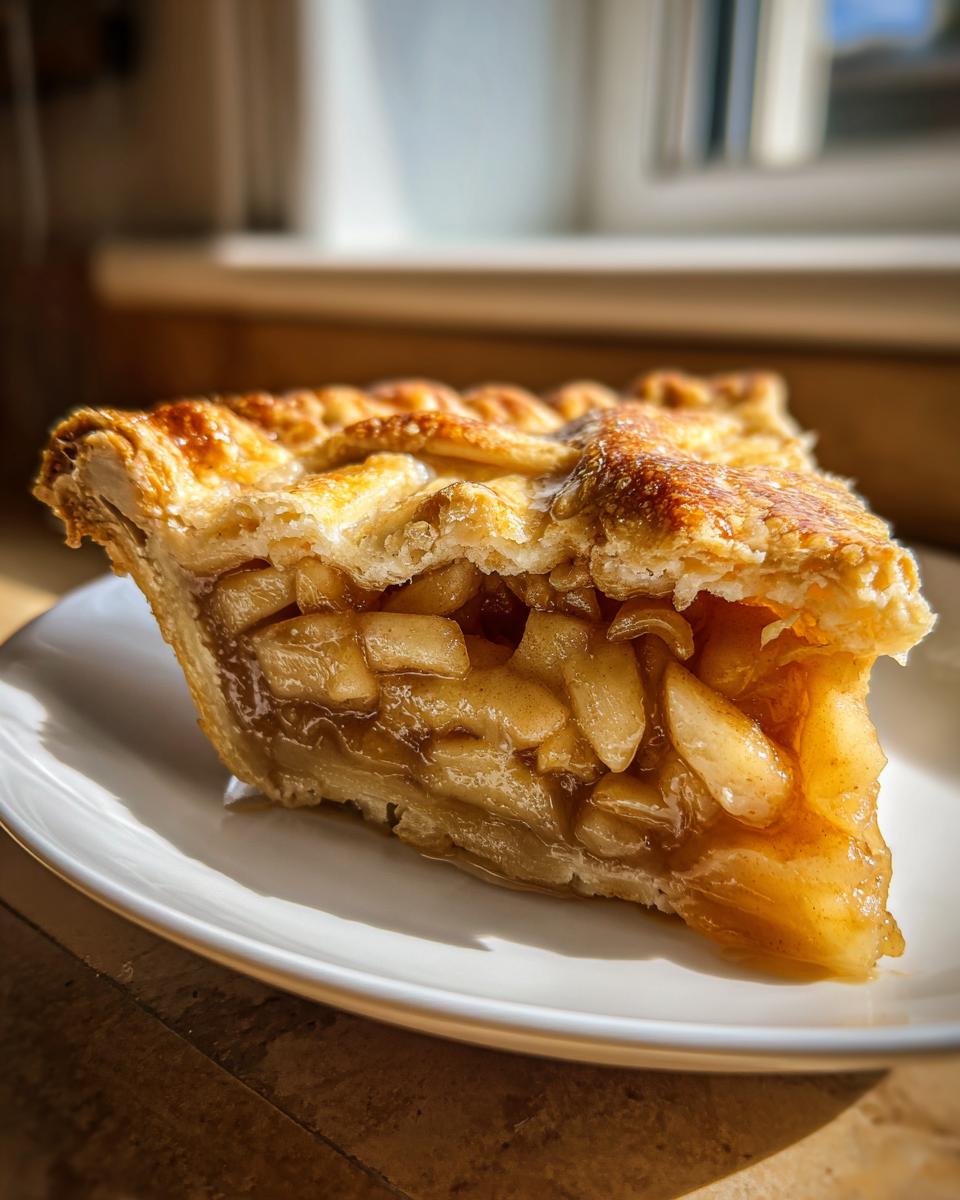 Close-up of a thick slice of homemade apple pie showing flaky, golden crust and caramelized apple filling.