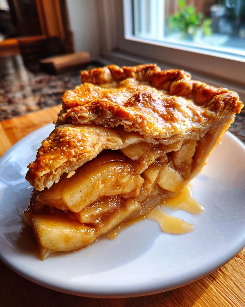 Close-up of a thick slice of homemade apple pie showing layered, caramelized apples and a flaky, golden crust.