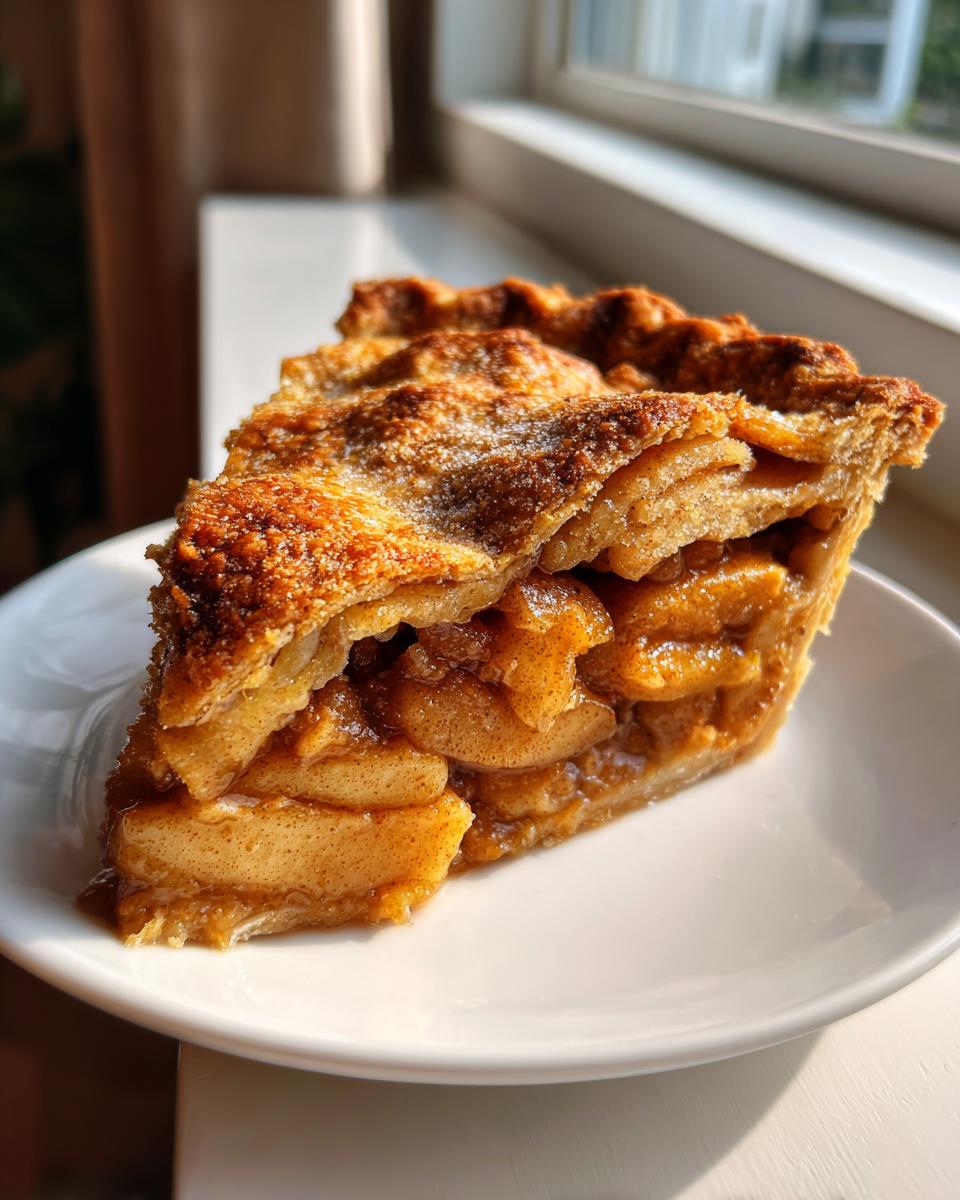 A close-up slice of homemade apple pie showing thick, caramelized apple filling and a golden, flaky crust.