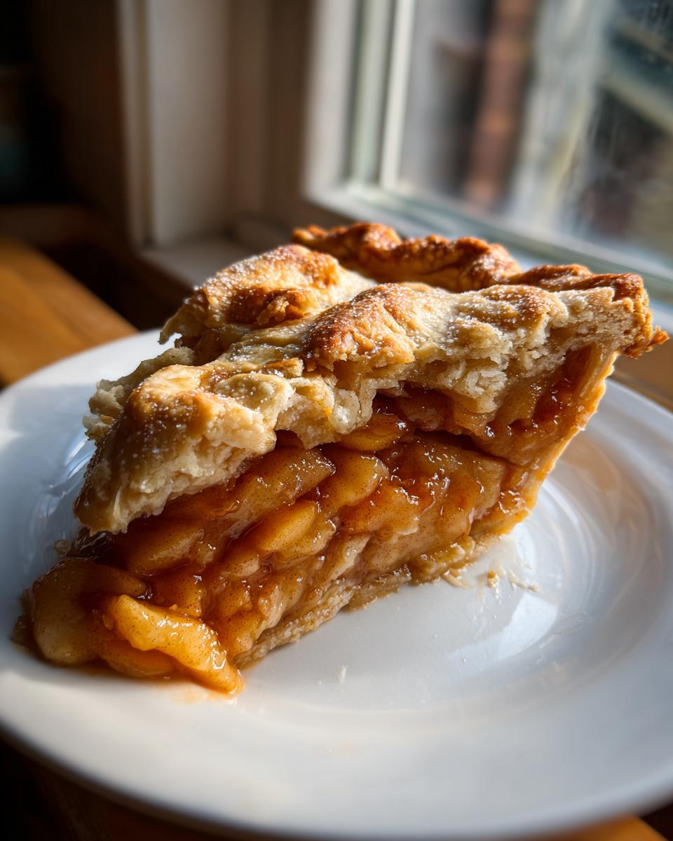 A thick slice of homemade apple pie showing caramelized apple filling and a flaky, golden crust, dusted with powdered sugar.