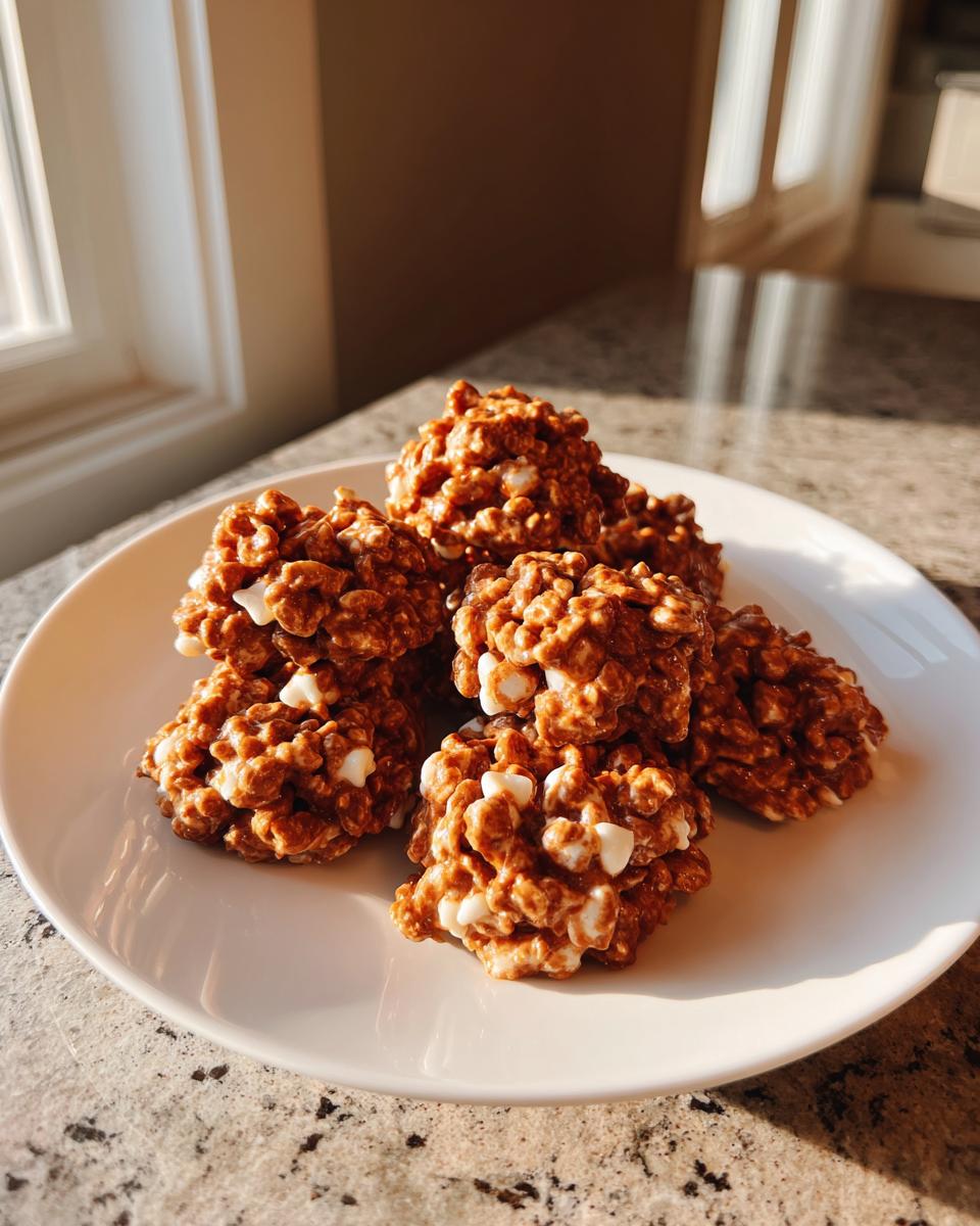 A small pile of rich, chocolatey avalanche cookies studded with white marshmallows, resting on a white plate.