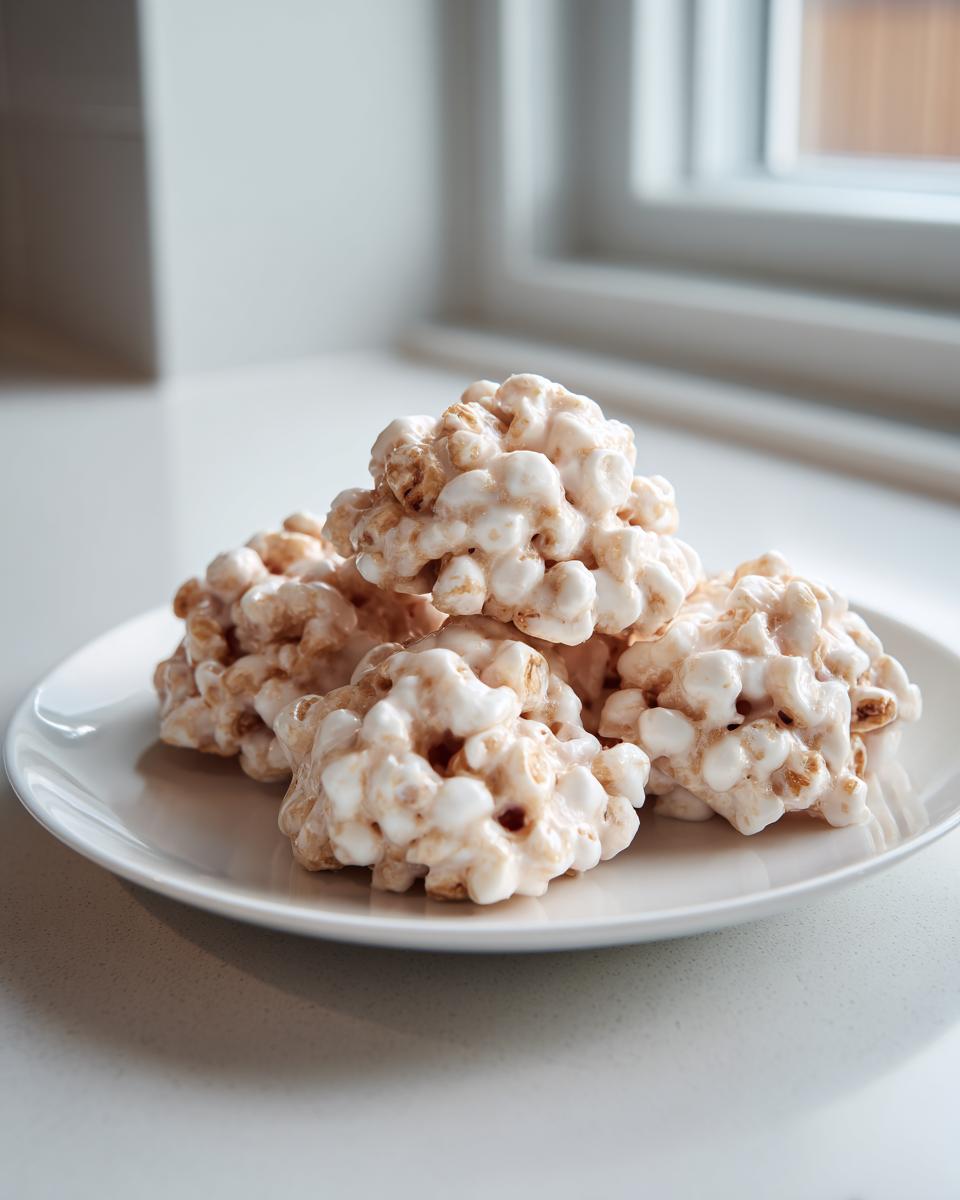 A stack of four freshly made avalanche cookies, coated in white chocolate and mixed with cereal, resting on a white plate.