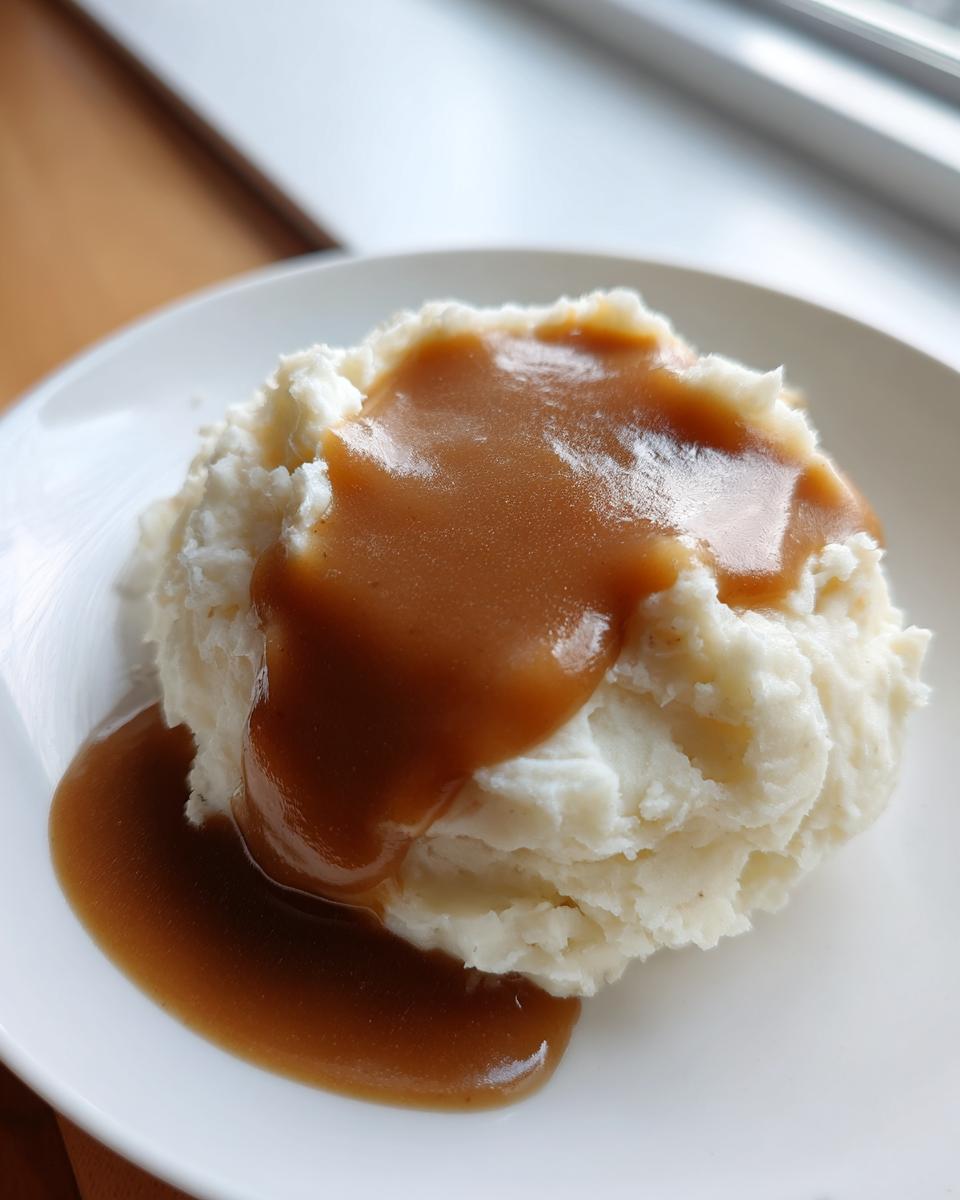 A scoop of fluffy mashed potatoes generously topped with rich, smooth homemade brown gravy.