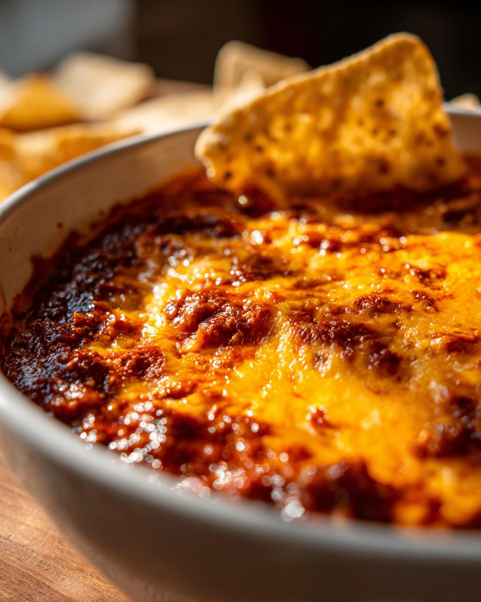 Close-up of bubbling, melted cheese topping on a rich chili cheese dip with a tortilla chip dipping in.