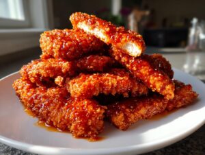 A pile of crispy, glazed hot honey chicken tenders sprinkled with sesame seeds, with one piece broken open.