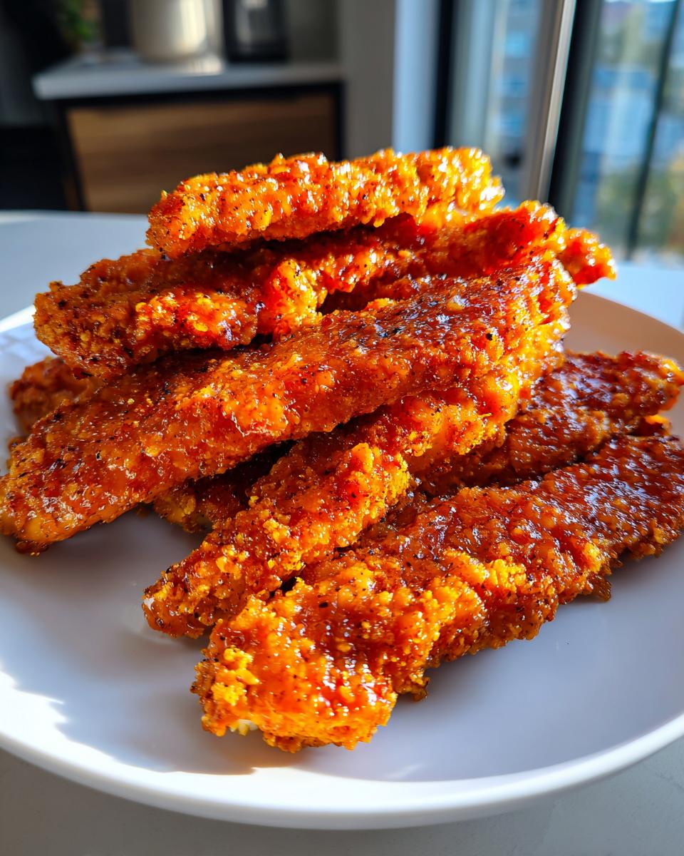 A pile of crispy, glazed hot honey chicken tenders stacked high on a white plate, glistening under bright light.