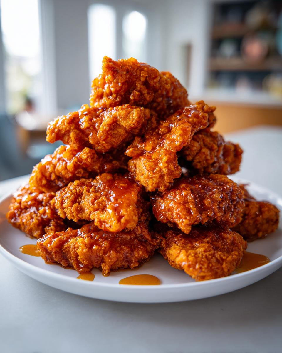 A tall pile of crispy, glazed hot honey chicken tenders stacked high on a white plate.