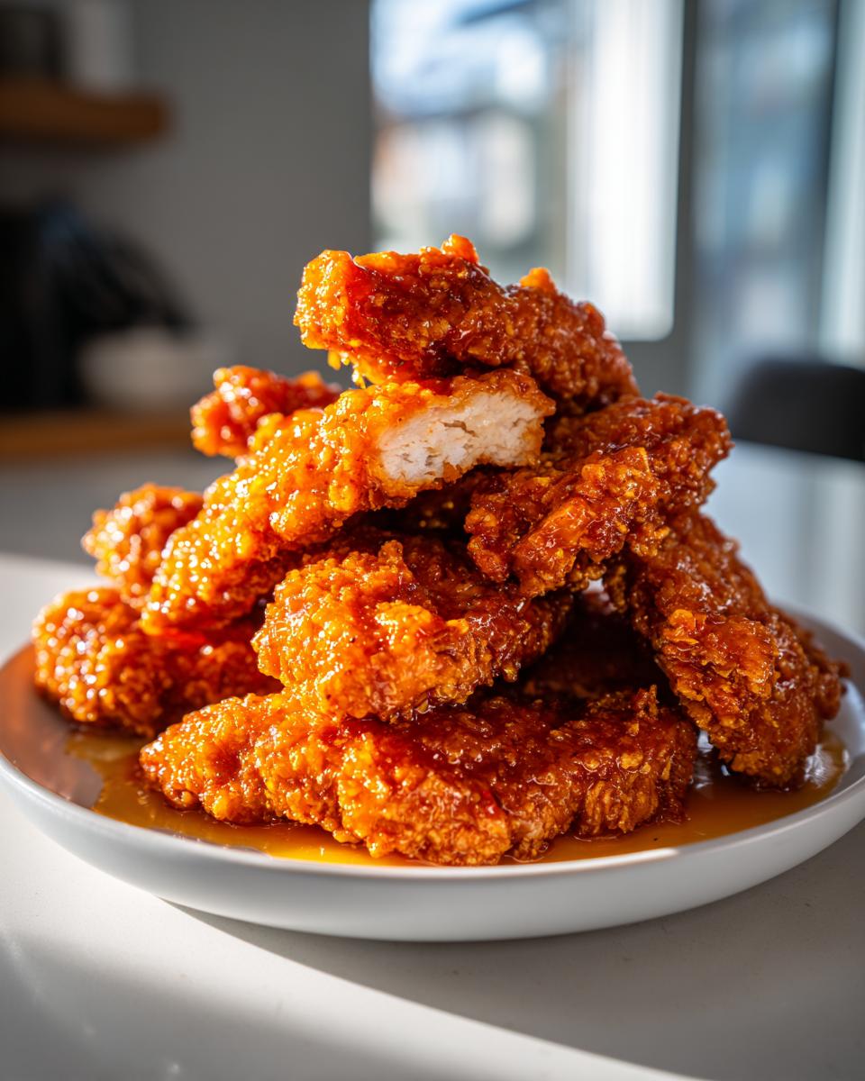 A tempting stack of crispy, glazed hot honey chicken tenders piled high on a white plate.