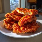 A stack of crispy, glazed hot honey chicken tenders piled on a white plate, one is broken open showing white meat.
