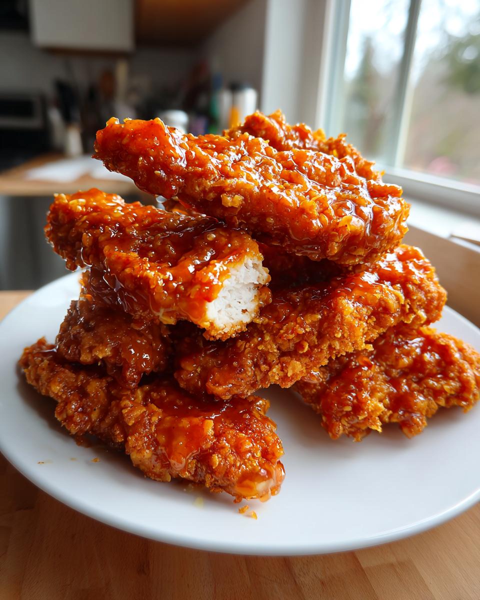 A stack of crispy, glazed hot honey chicken tenders piled high on a white plate, showing the juicy white interior of one piece.