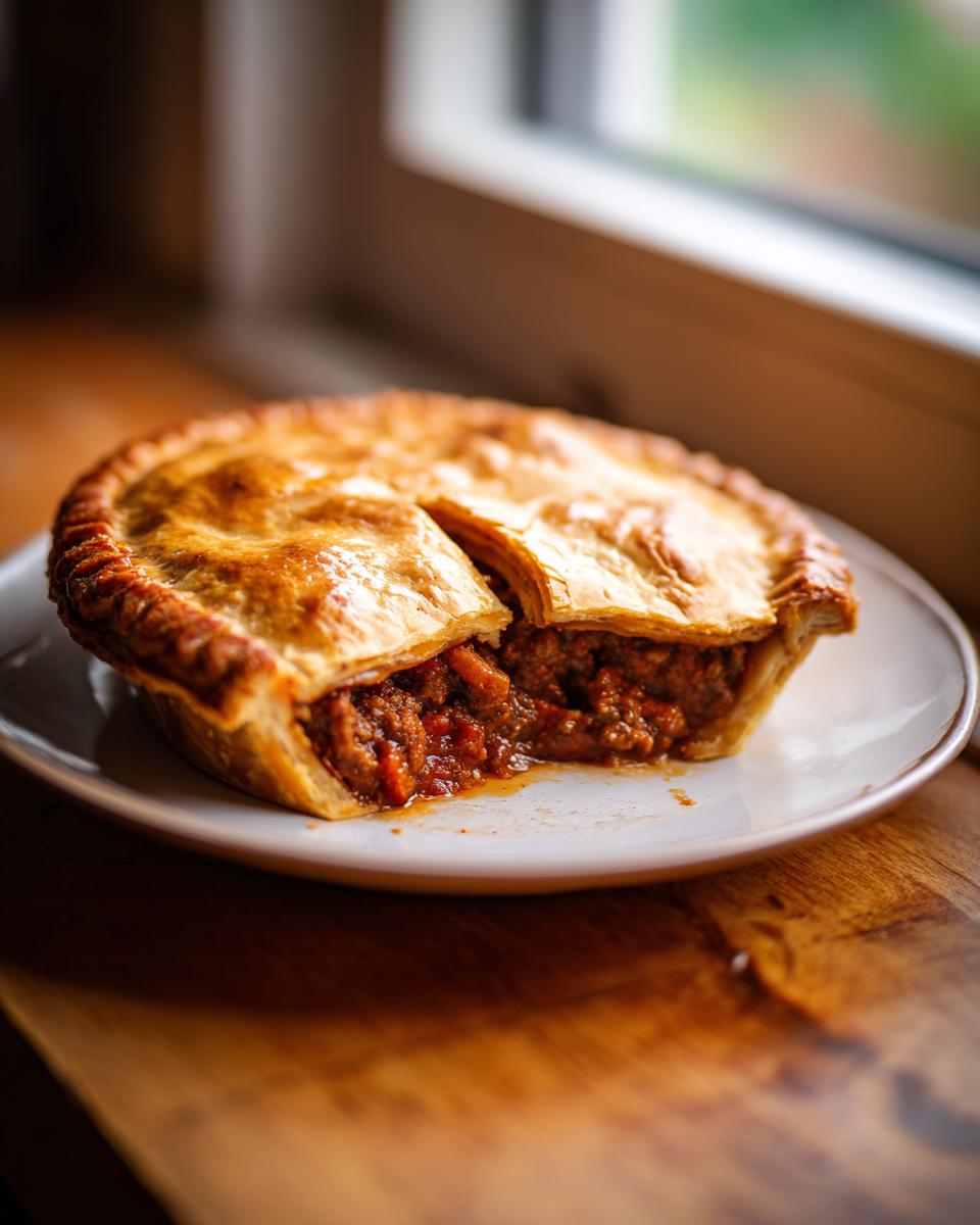 A golden-brown individual meat pie with a slice cut out, revealing a rich, savory meat filling inside.