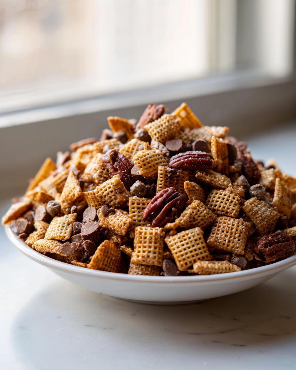 A white bowl overflowing with homemade toffee chex mix, featuring cereal squares, pecans, and chocolate chips.