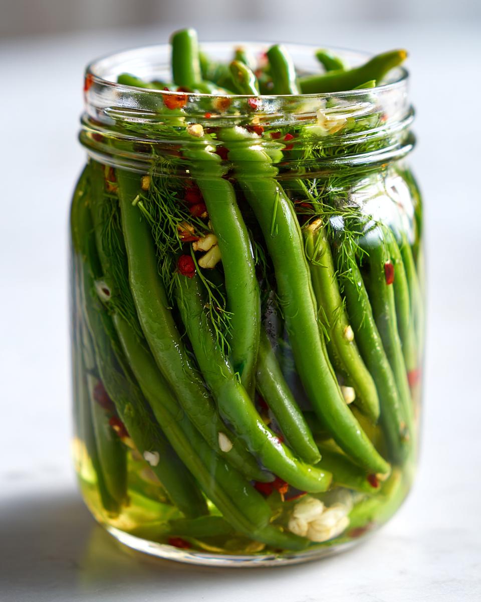 Close-up of fresh green beans packed tightly in a jar with dill, garlic, and chili flakes for making dilly beans.