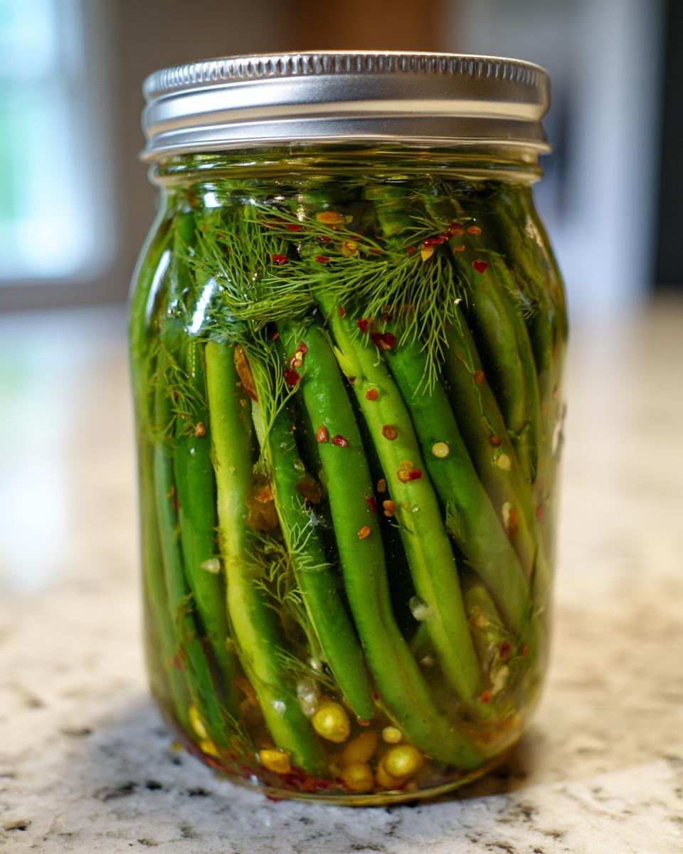 A close-up of a glass jar filled with bright green dilly beans, fresh dill sprigs, and red pepper flakes submerged in pickling brine.
