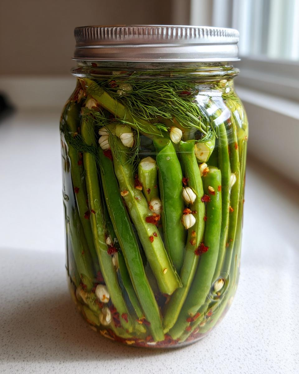 A glass jar filled with bright green dilly beans, fresh dill sprigs, garlic cloves, and red pepper flakes.