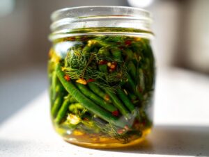 Close-up of fresh green beans preserved in a jar with dill and red pepper flakes for dilly beans.