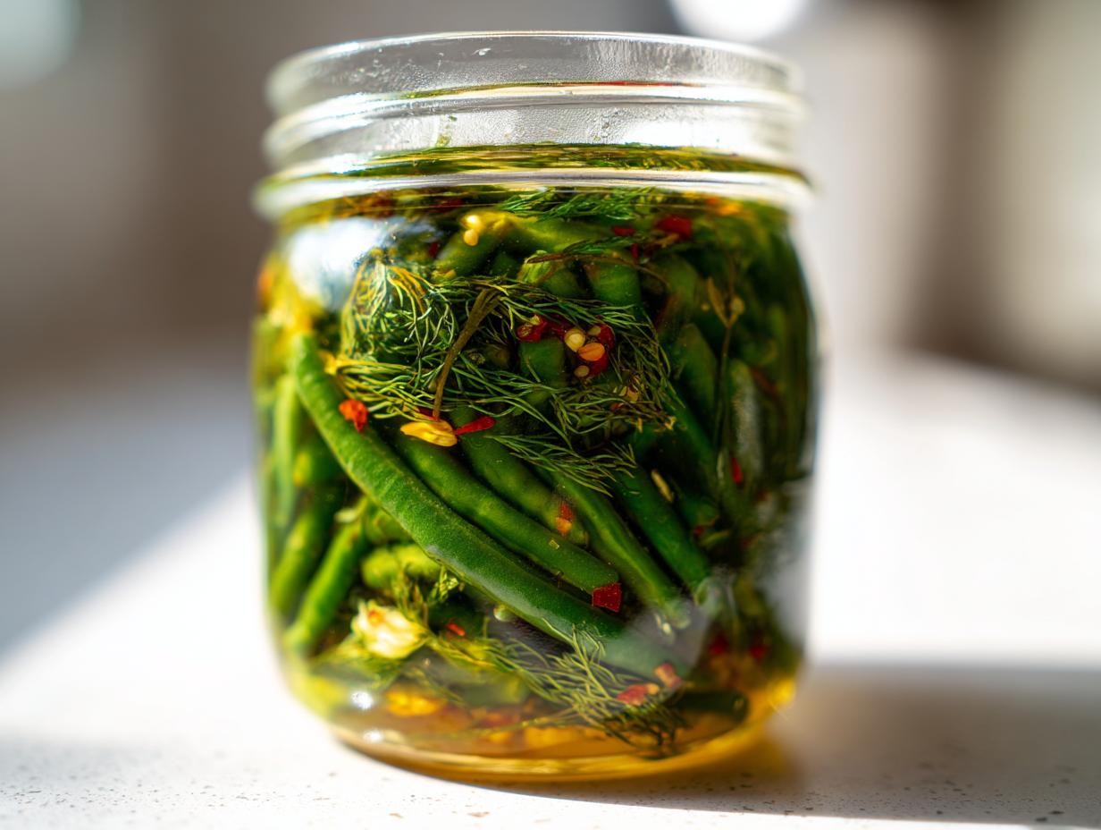 Close-up of fresh green beans preserved in a jar with dill and red pepper flakes for dilly beans.