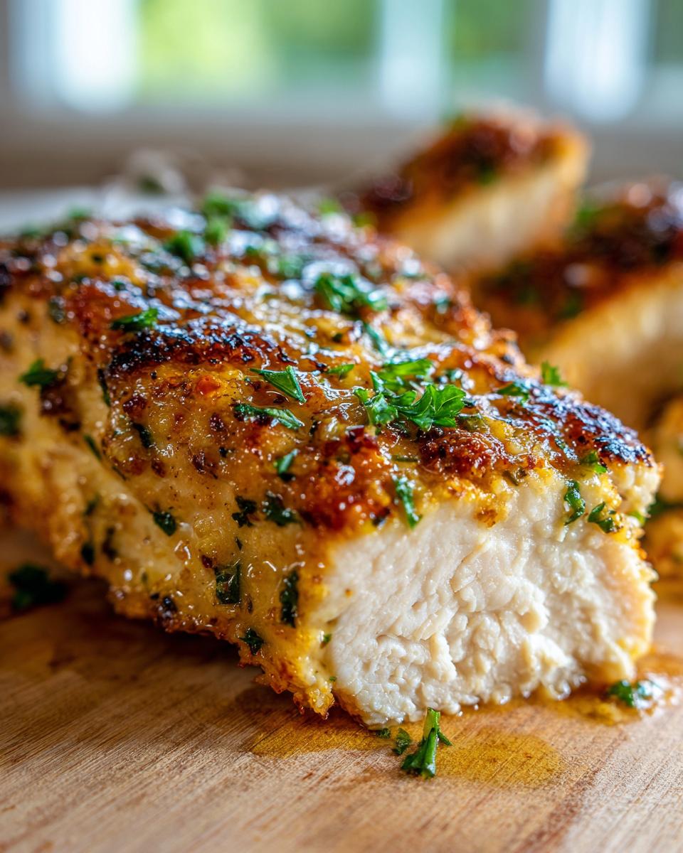 Close-up of a perfectly cooked, juicy baked chicken breast, showing the white interior and golden, herbed crust.