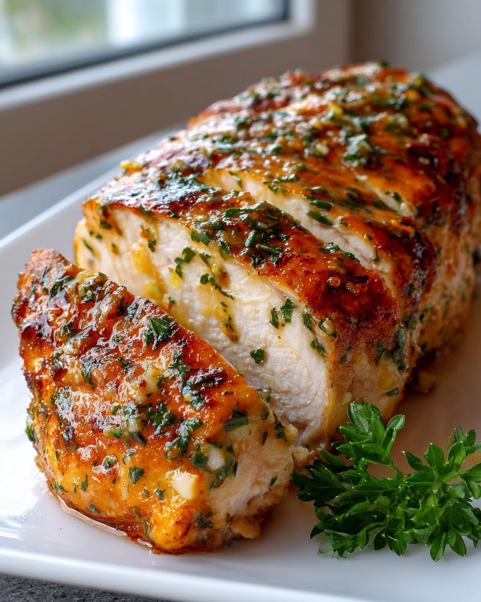 Close-up of juicy baked chicken breast, sliced and covered in a glistening herb and garlic glaze.