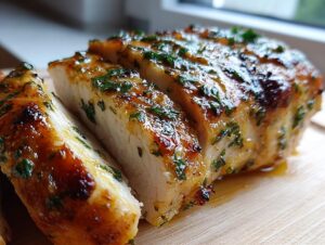 Close-up of juicy baked chicken breast, sliced and topped with a glossy herb glaze.