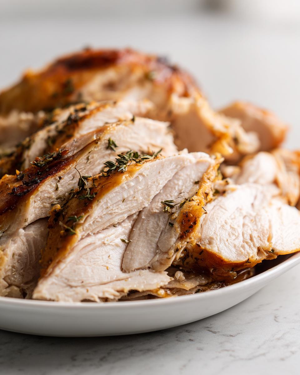 Close-up of thick, juicy slices of herb-crusted crockpot turkey breast served on a white platter.