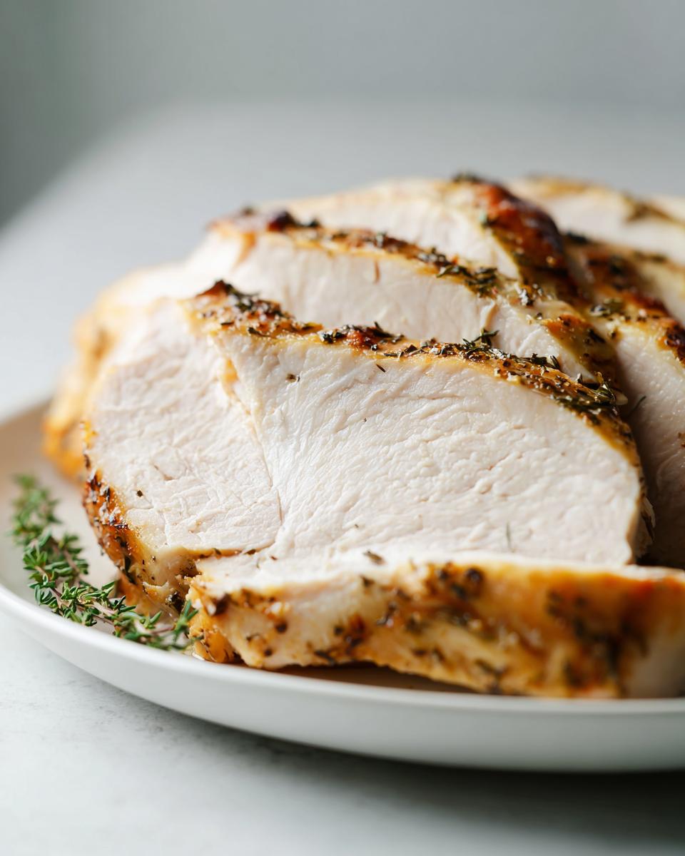 Close-up of thick, juicy slices of herb-crusted crockpot turkey breast on a white plate.