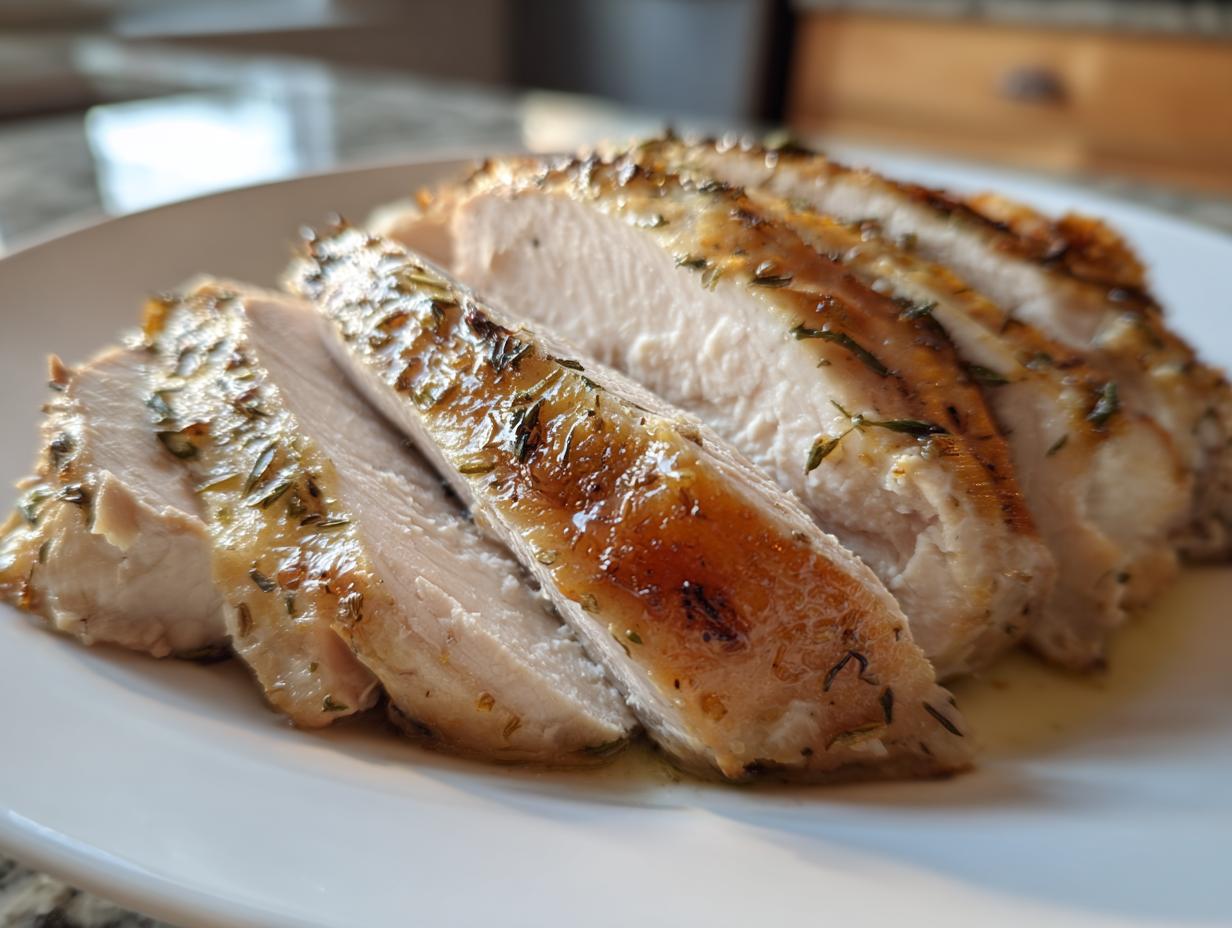 Close-up of thick, juicy slices of herb-crusted crockpot turkey breast on a white plate.