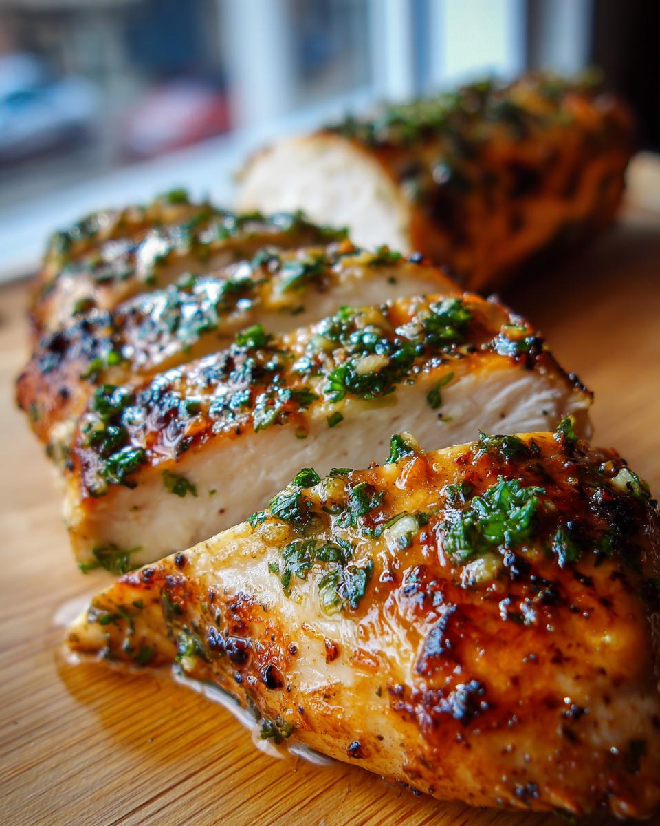 Close-up of juicy baked chicken breast, sliced and topped with a glistening herb and garlic glaze.