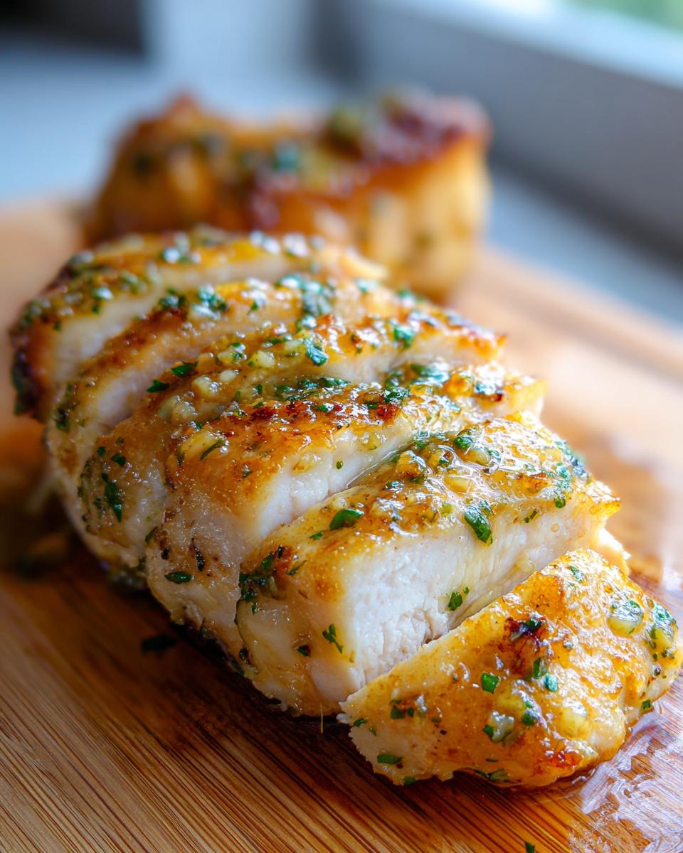 Close-up of sliced baked chicken breast covered in a glistening garlic herb butter sauce.