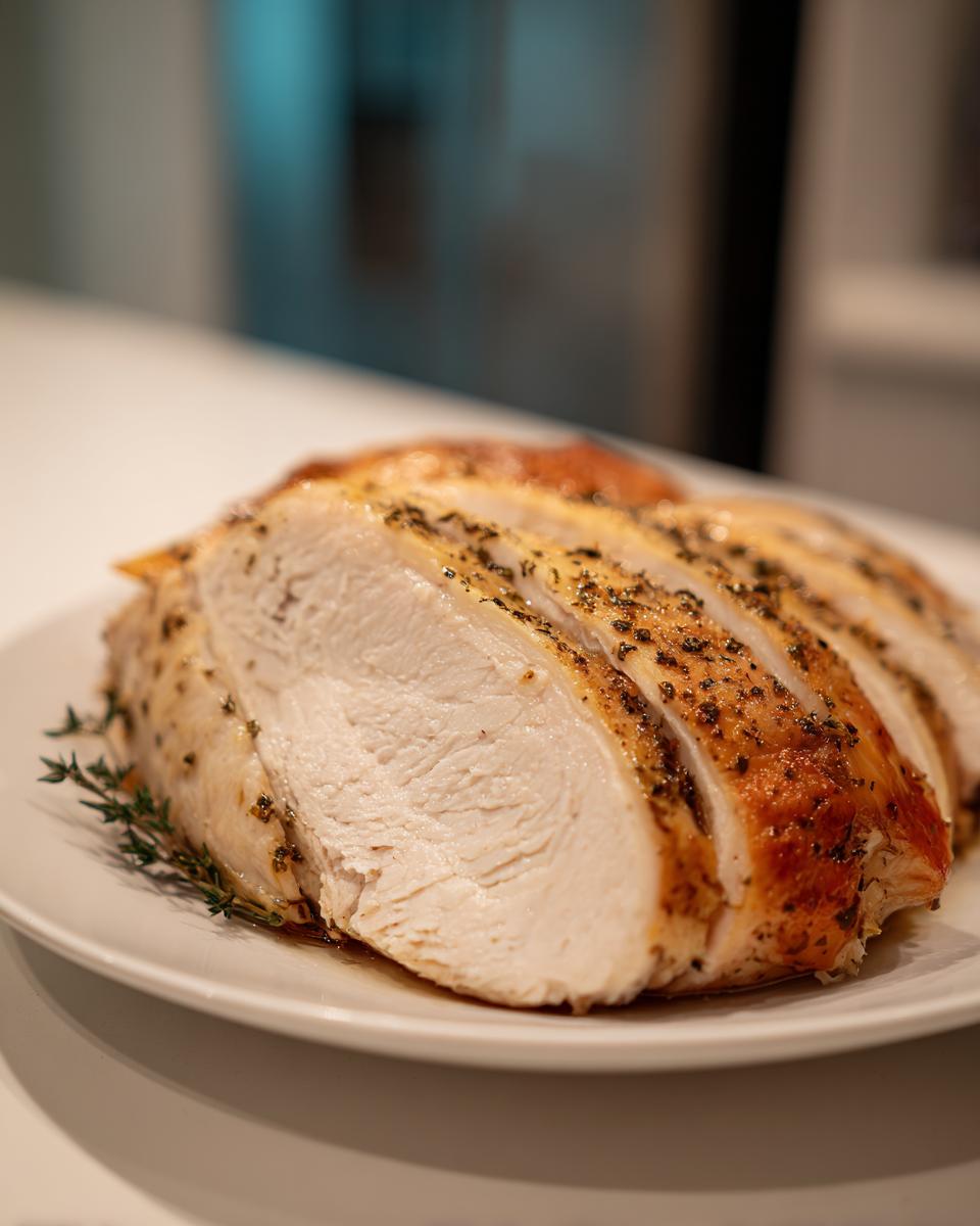 Close-up of a perfectly cooked and sliced crockpot turkey breast seasoned with herbs.