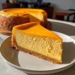 A perfect slice of creamy keto pumpkin cheesecake with a graham cracker crust sits on a white plate.