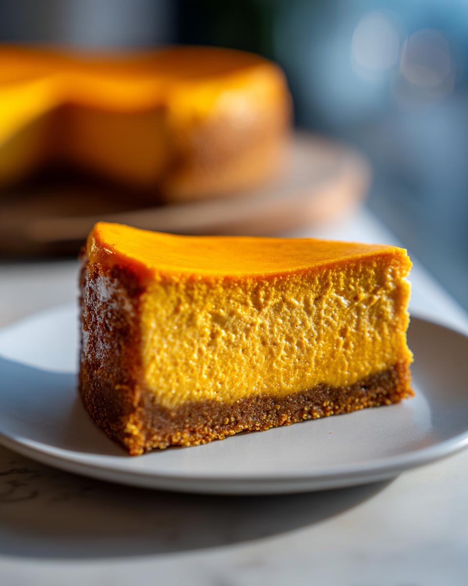 A close-up slice of vibrant orange keto pumpkin cheesecake with a thick brown crust on a white plate.