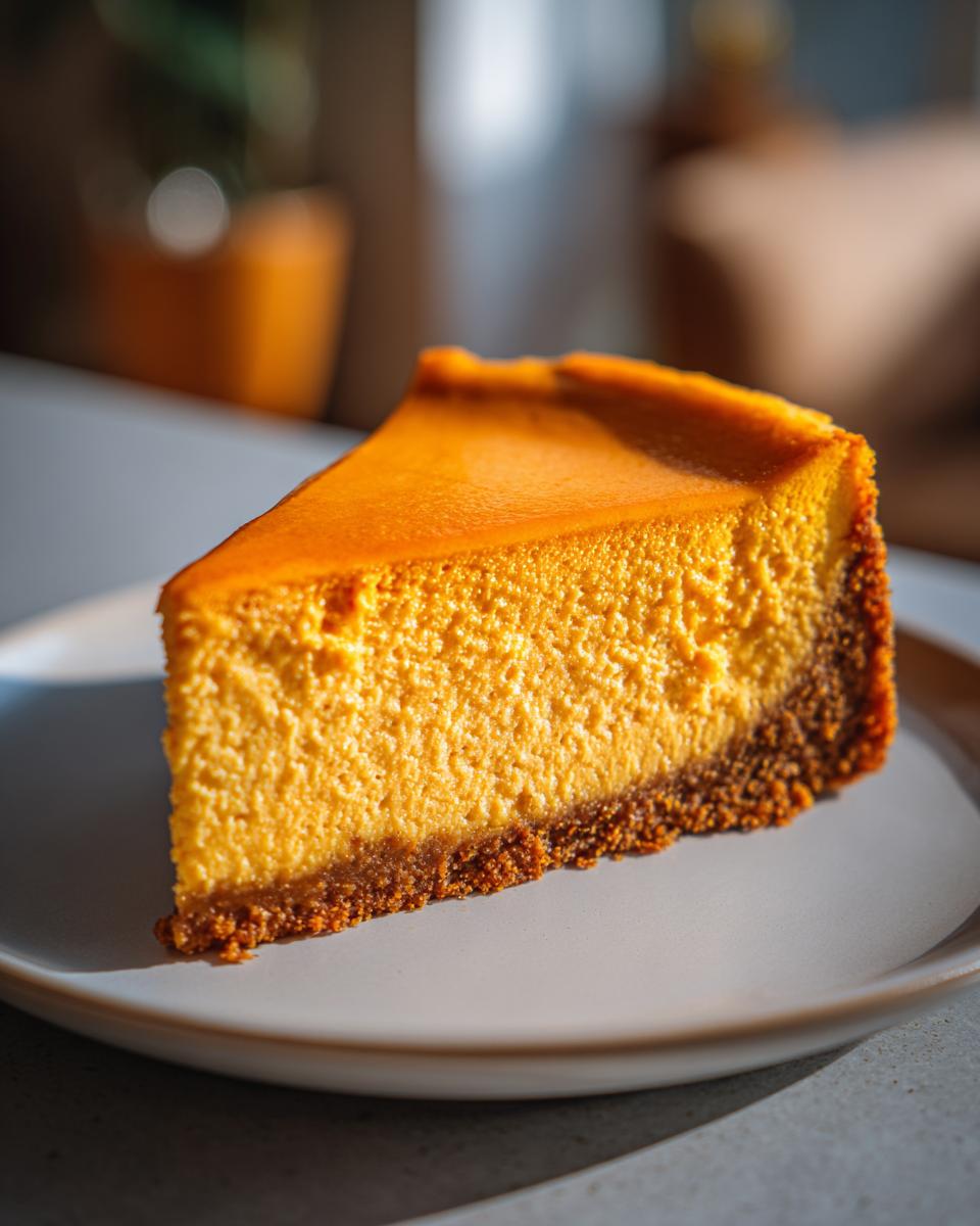 A perfect slice of vibrant orange keto pumpkin cheesecake with a dark crust on a light plate.