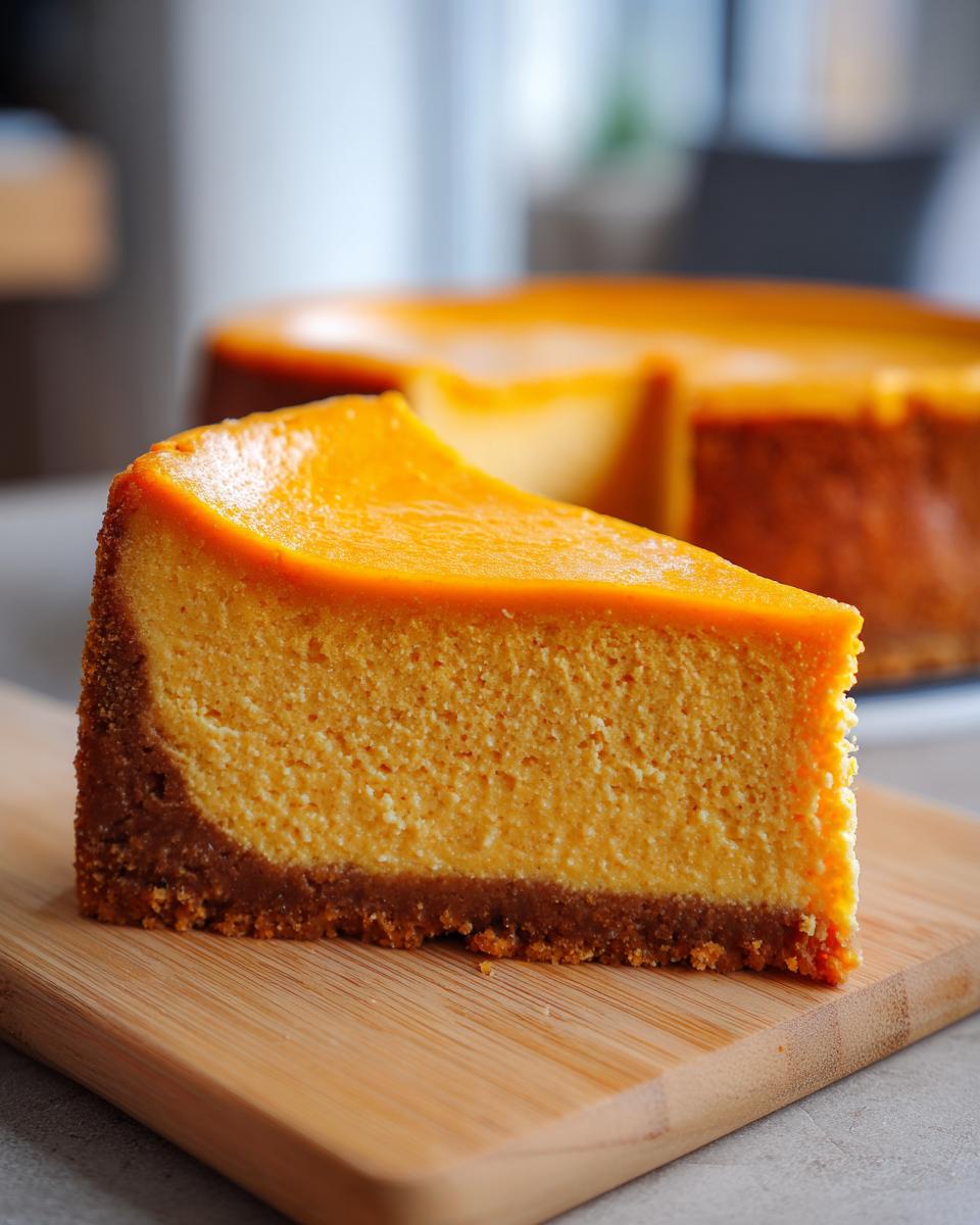 Close-up of a thick slice of keto pumpkin cheesecake with a rich orange top layer and dark crust.