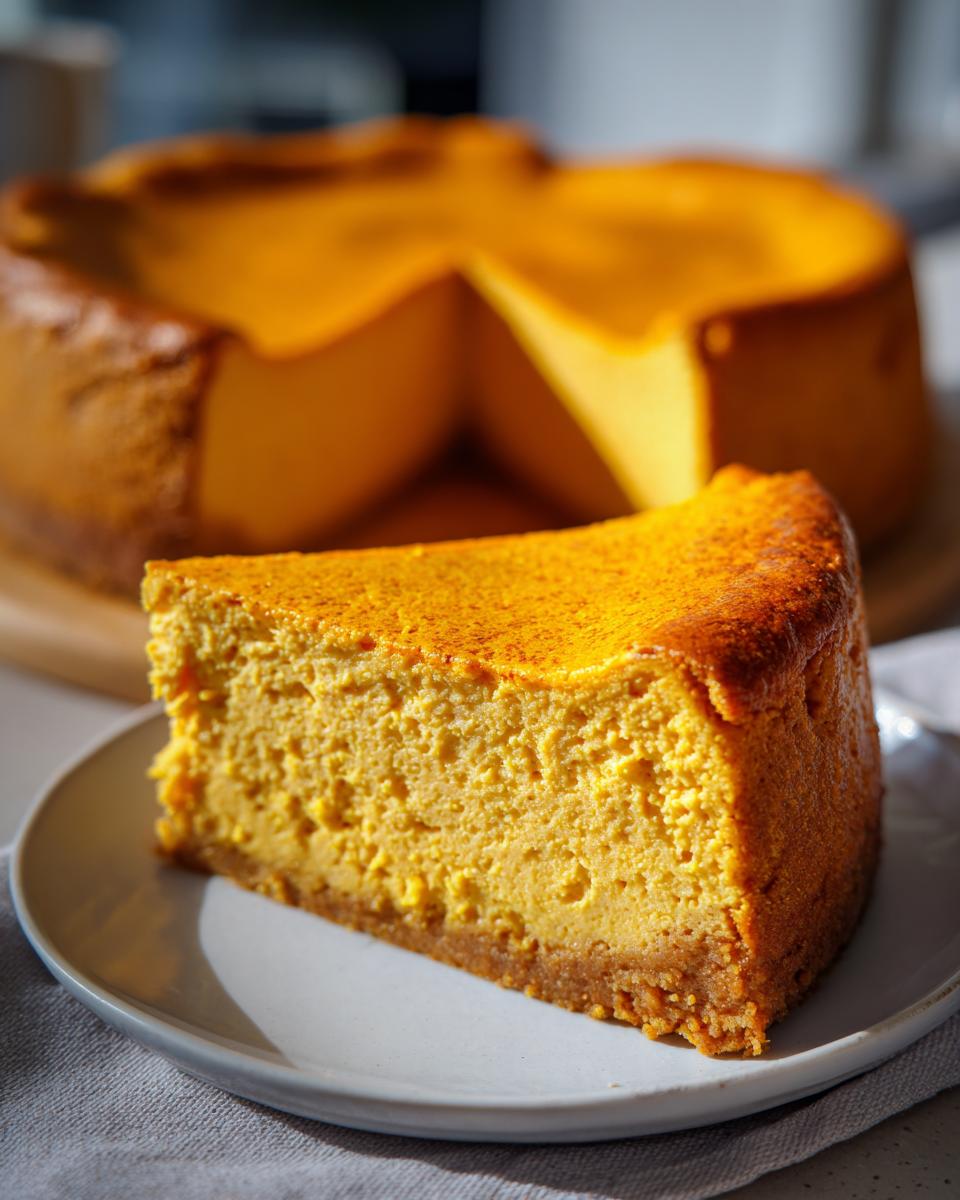 A thick slice of vibrant orange keto pumpkin cheesecake on a white plate with the rest of the cake blurred in the background.