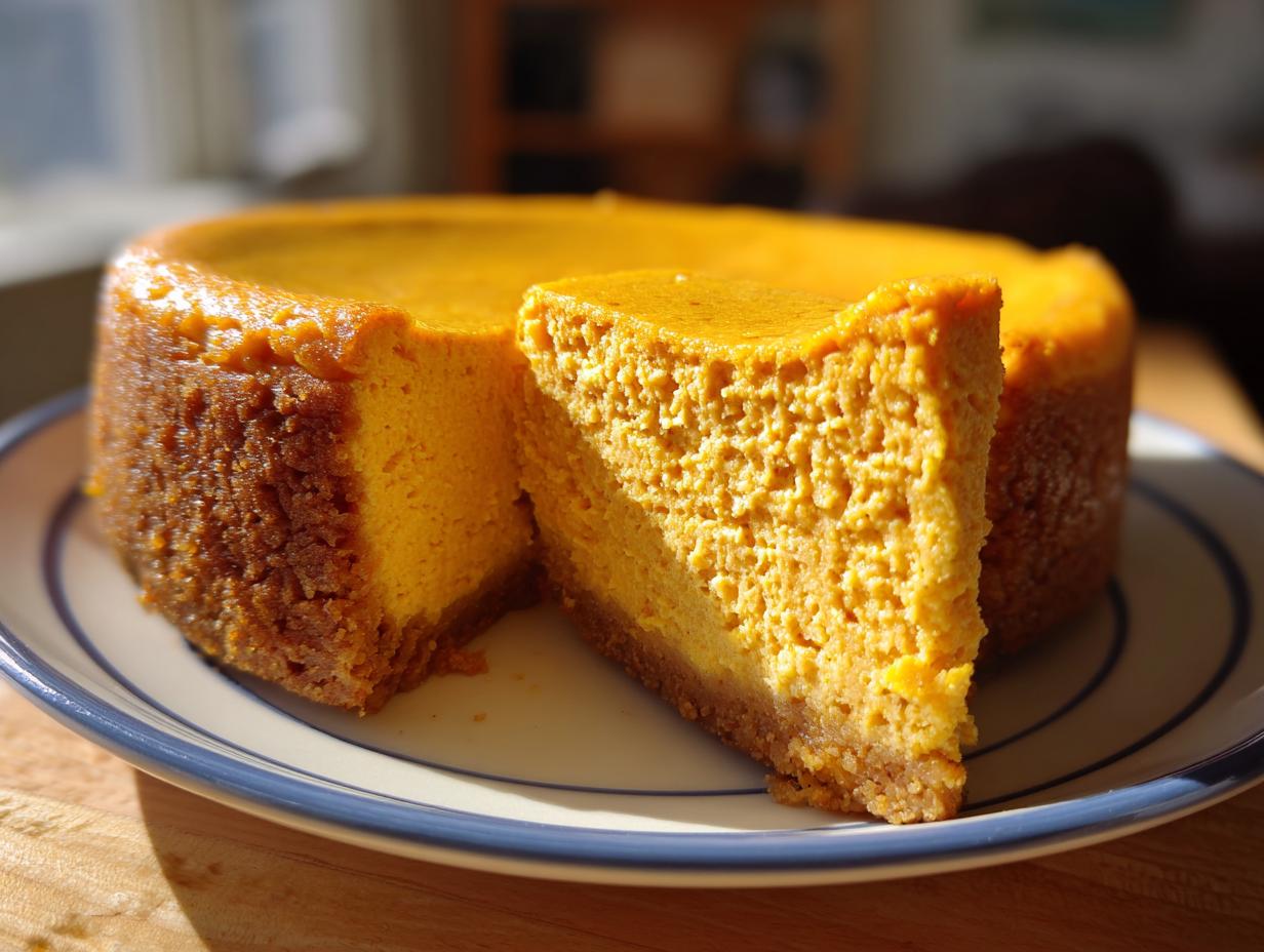 A rich, orange slice of keto pumpkin cheesecake with a dark crust, served on a plate.