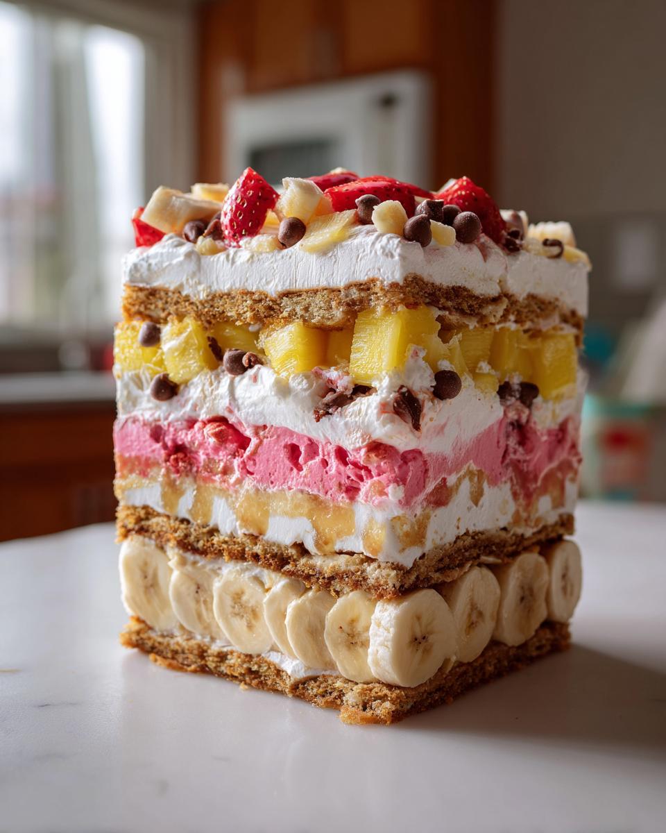 A tall, square slice of layered banana split cake featuring graham crackers, whipped cream, pineapple, pink filling, and fresh bananas.