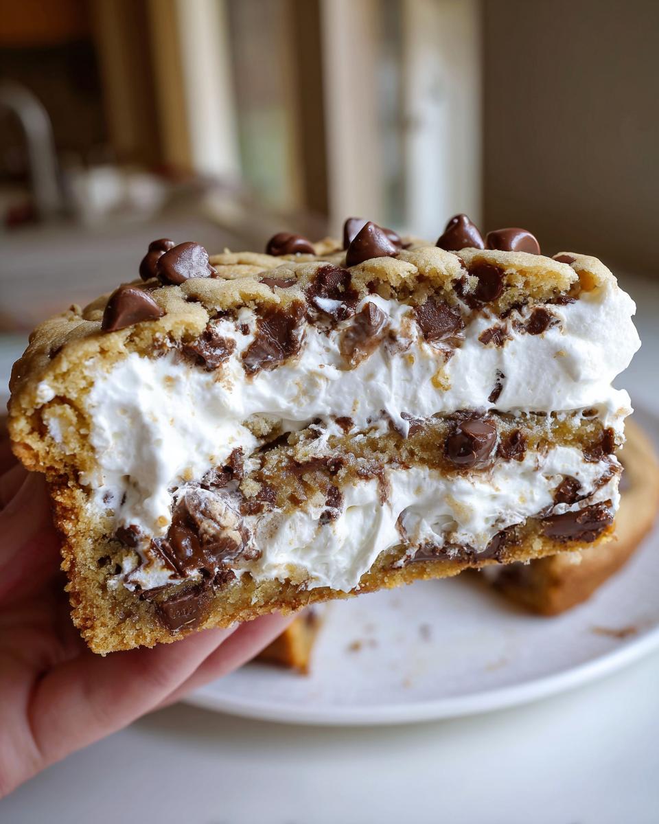 Hand holding a thick slice of layered chocolate chip cookie cake recipe filled with white cream and chocolate chips.